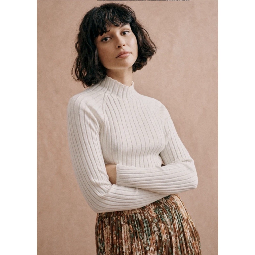 Sezane Charly Jumper Sweater Button Merino‎ Wool Cotton Ecru Size XL French Knit